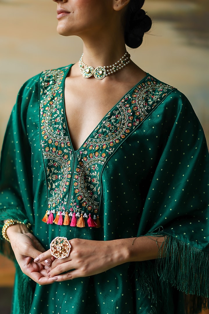 Emerald Green Silk Chanderi Thread Hand Embroidered Tunic Set by Shikha Mehta at Pernia's Pop Up Shop