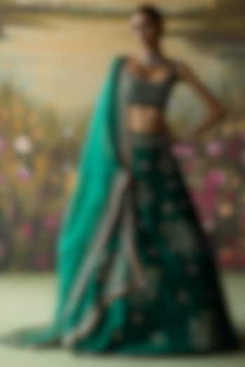 Emerald Green Raw Silk Thread Hand Embroidered Wedding Lehenga Set by Shikha Mehta at Pernia's Pop Up Shop