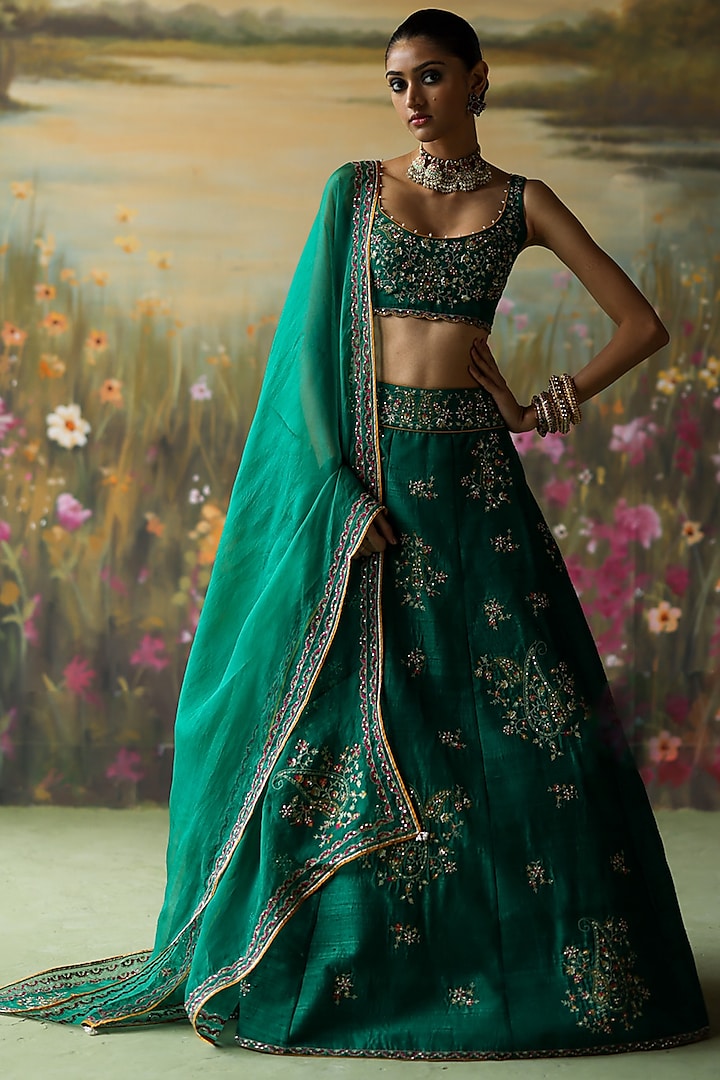 Emerald Green Raw Silk Thread Hand Embroidered Wedding Lehenga Set by Shikha Mehta at Pernia's Pop Up Shop