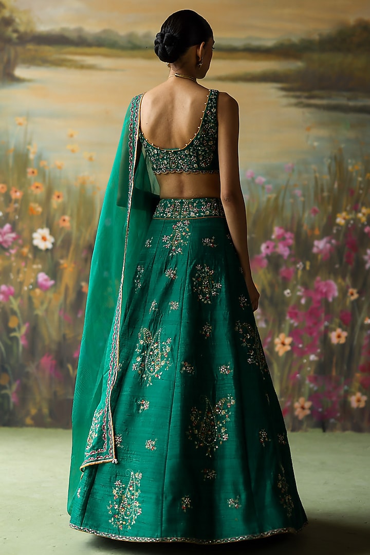 Emerald Green Raw Silk Thread Hand Embroidered Wedding Lehenga Set by Shikha Mehta at Pernia's Pop Up Shop