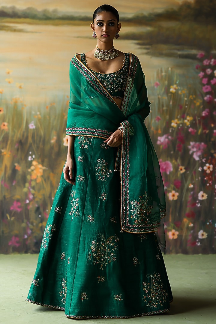 Emerald Green Raw Silk Thread Hand Embroidered Wedding Lehenga Set by Shikha Mehta at Pernia's Pop Up Shop