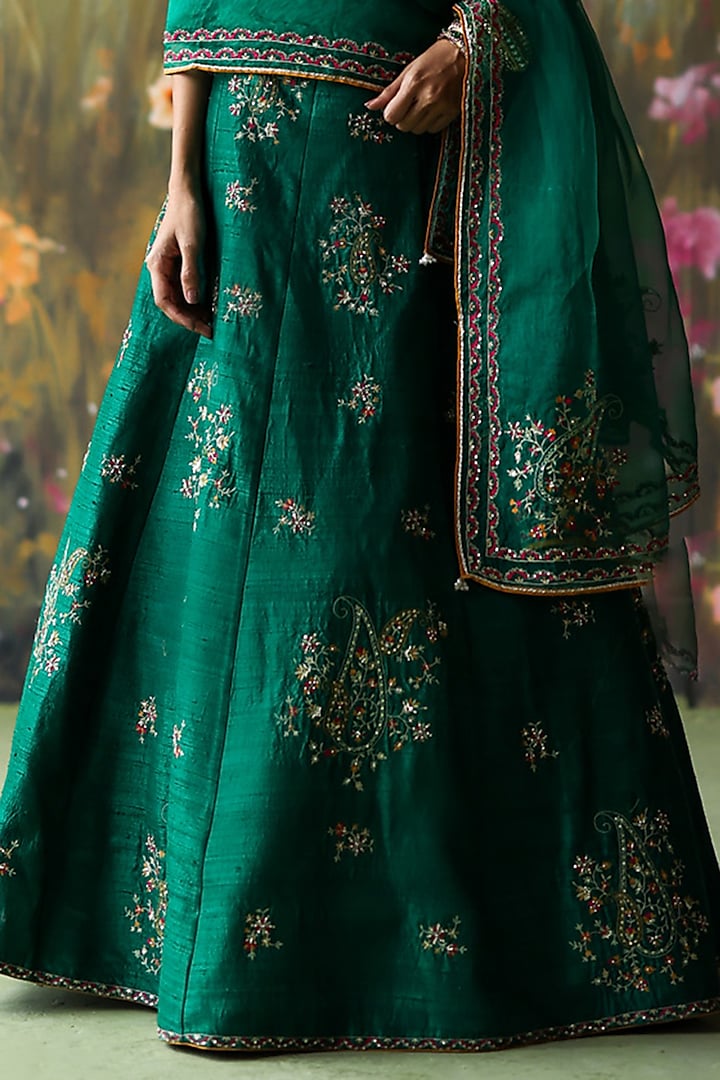 Emerald Green Raw Silk Thread Hand Embroidered Wedding Lehenga Set by Shikha Mehta at Pernia's Pop Up Shop