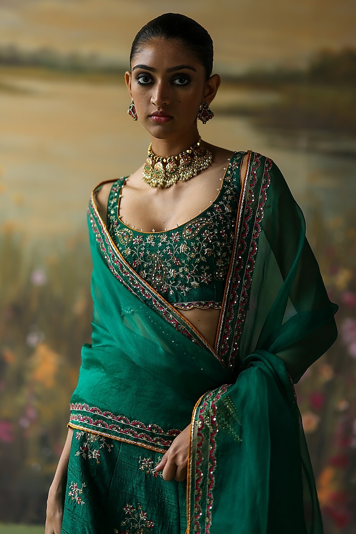 Emerald Green Raw Silk Thread Hand Embroidered Wedding Lehenga Set by Shikha Mehta at Pernia's Pop Up Shop