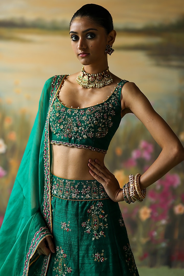 Emerald Green Raw Silk Thread Hand Embroidered Wedding Lehenga Set by Shikha Mehta at Pernia's Pop Up Shop