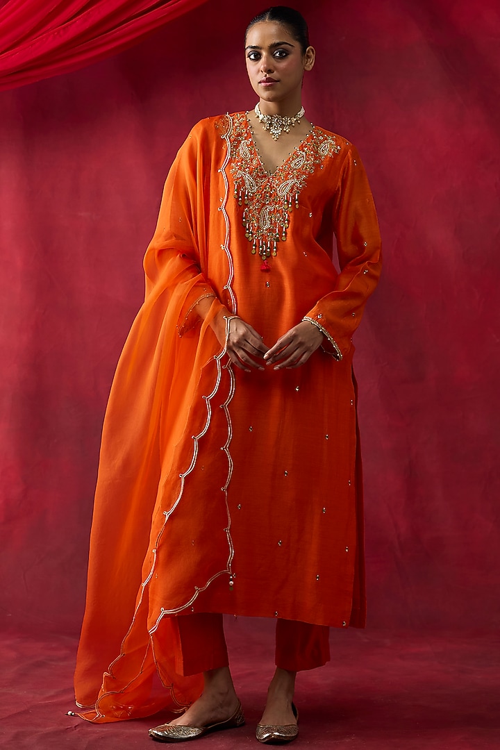 Orange Silk Chanderi Thread Hand Embroidered Kurta Set by Shikha Mehta at Pernia's Pop Up Shop
