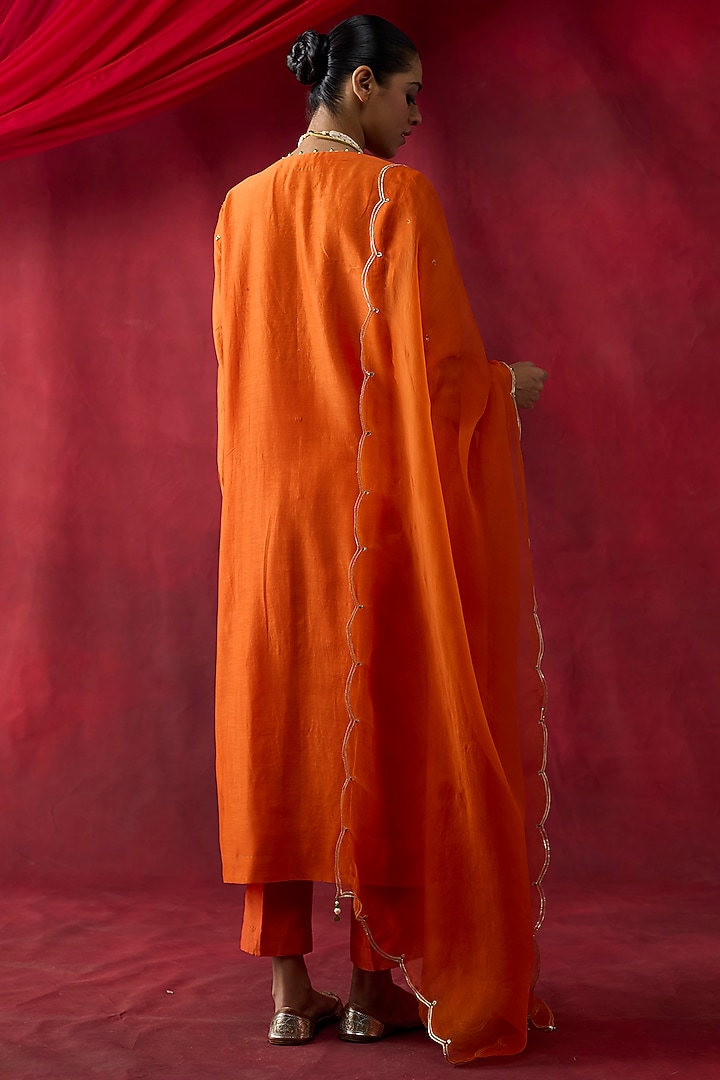 Orange Silk Chanderi Thread Hand Embroidered Kurta Set by Shikha Mehta at Pernia's Pop Up Shop