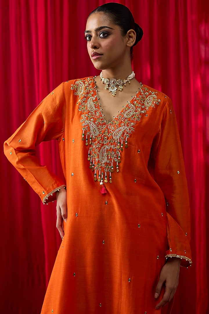Orange Silk Chanderi Thread Hand Embroidered Kurta Set by Shikha Mehta at Pernia's Pop Up Shop
