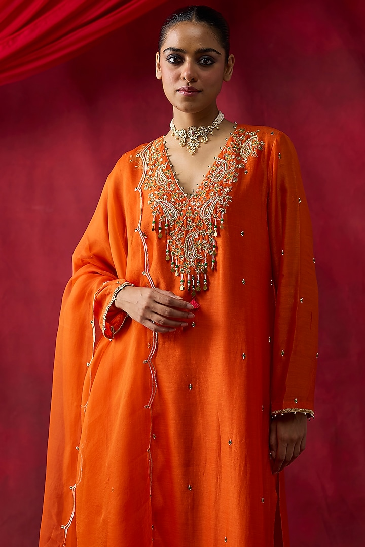 Orange Silk Chanderi Thread Hand Embroidered Kurta Set by Shikha Mehta at Pernia's Pop Up Shop