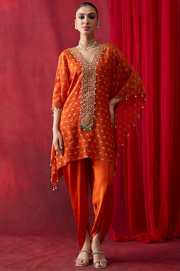 Orange Silk Chanderi Block Printed & Embroidered Co-Ord Set by Shikha Mehta at Pernia's Pop Up Shop
