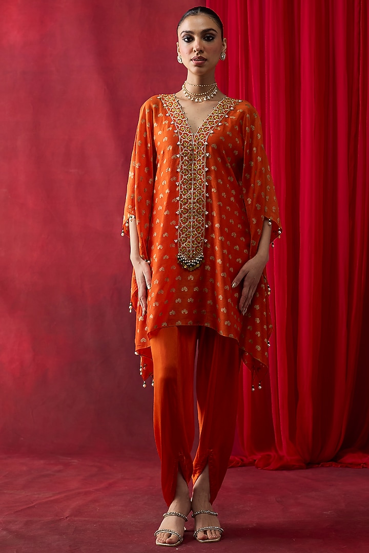 Orange Silk Chanderi Block Printed & Embroidered Co-Ord Set by Shikha Mehta at Pernia's Pop Up Shop