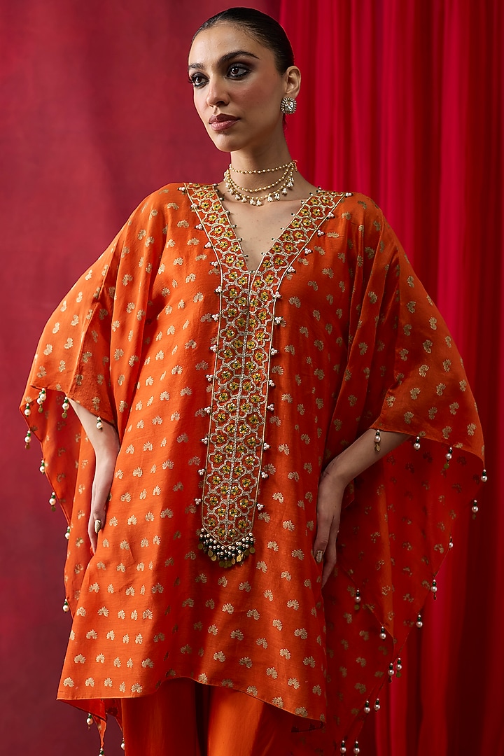 Orange Silk Chanderi Block Printed & Embroidered Co-Ord Set by Shikha Mehta at Pernia's Pop Up Shop