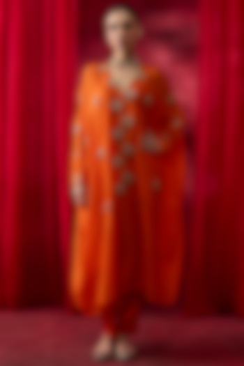 Orange Silk Chanderi Thread Hand Embroidered Kaftan Set by Shikha Mehta at Pernia's Pop Up Shop