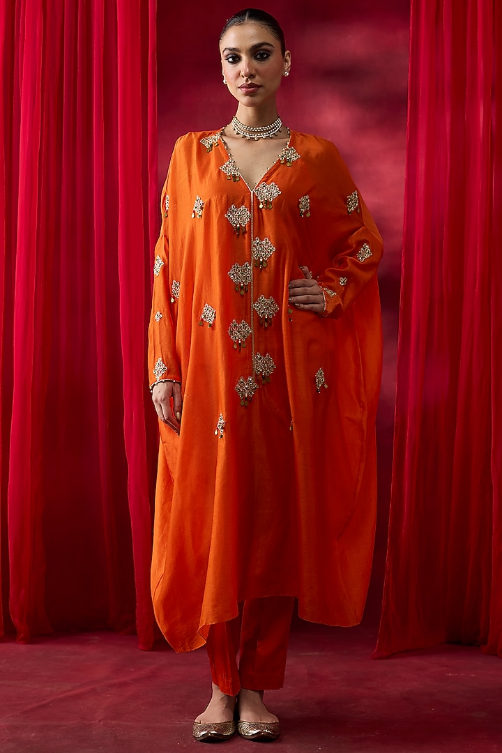 Orange Silk Chanderi Thread Hand Embroidered Kaftan Set by Shikha Mehta at Pernia's Pop Up Shop