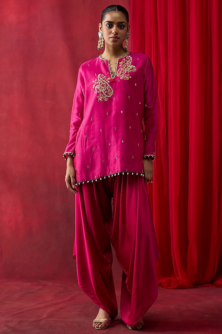 Pink Silk Chanderi Thread Hand Embroidered Co-Ord Set by Shikha Mehta at Pernia's Pop Up Shop