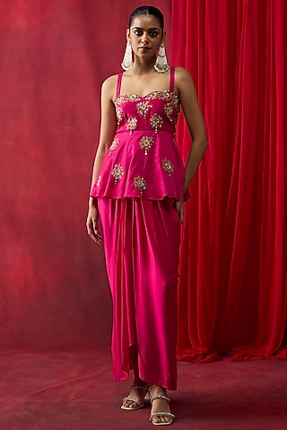 Pink Silk Satin Draped Skirt Set by Shikha Mehta