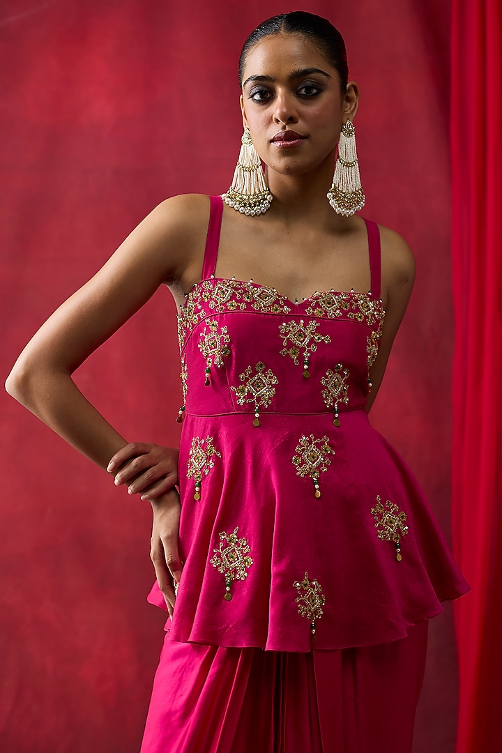 Pink Silk Satin Draped Skirt Set by Shikha Mehta at Pernia's Pop Up Shop