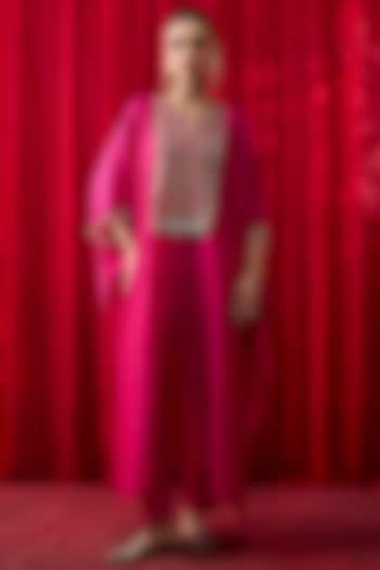 Pink Silk Chanderi Gota Hand Embroidered Kaftan Set by Shikha Mehta at Pernia's Pop Up Shop