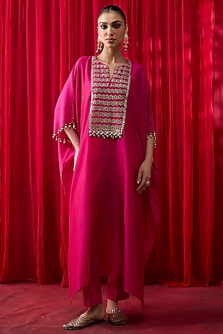 Pink Silk Chanderi Gota Hand Embroidered Kaftan Set by Shikha Mehta