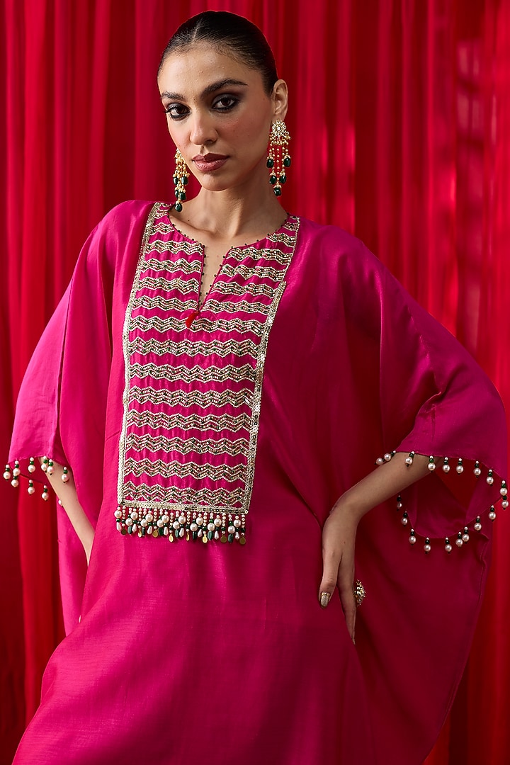 Pink Silk Chanderi Gota Hand Embroidered Kaftan Set by Shikha Mehta at Pernia's Pop Up Shop
