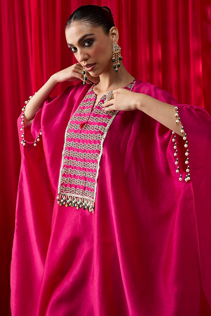 Pink Silk Chanderi Gota Hand Embroidered Kaftan Set by Shikha Mehta at Pernia's Pop Up Shop