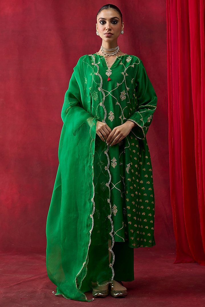 Green Silk Chanderi Printed & Embroidered Gathered Kurta Set by Shikha Mehta at Pernia's Pop Up Shop