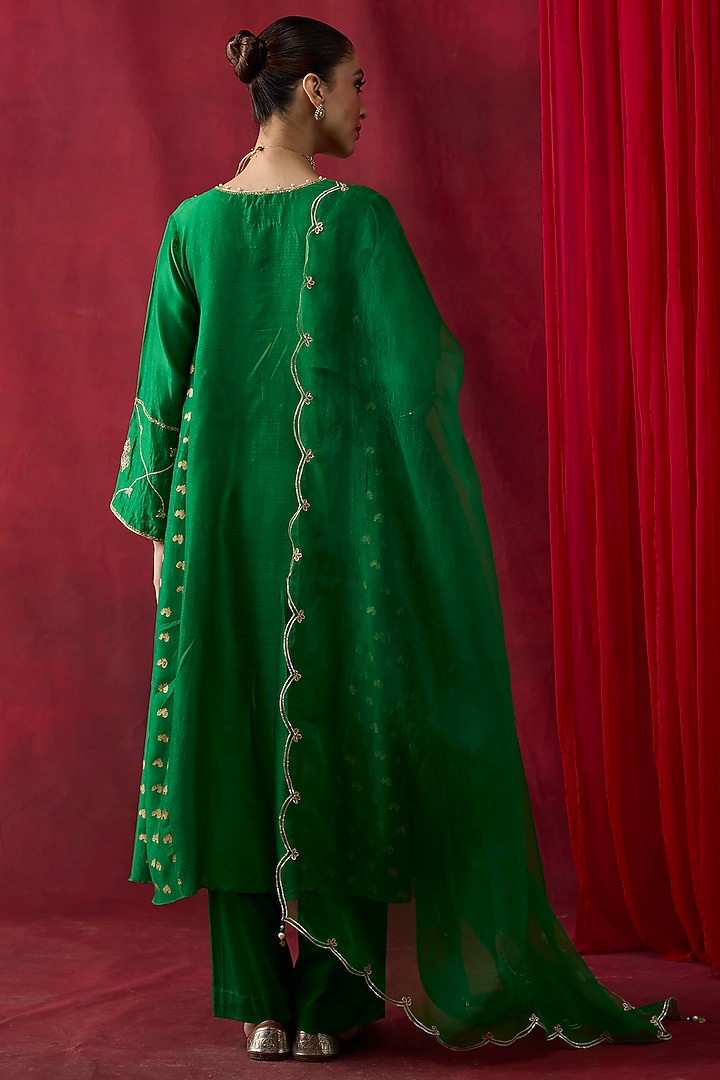 Green Silk Chanderi Printed & Embroidered Gathered Kurta Set by Shikha Mehta at Pernia's Pop Up Shop