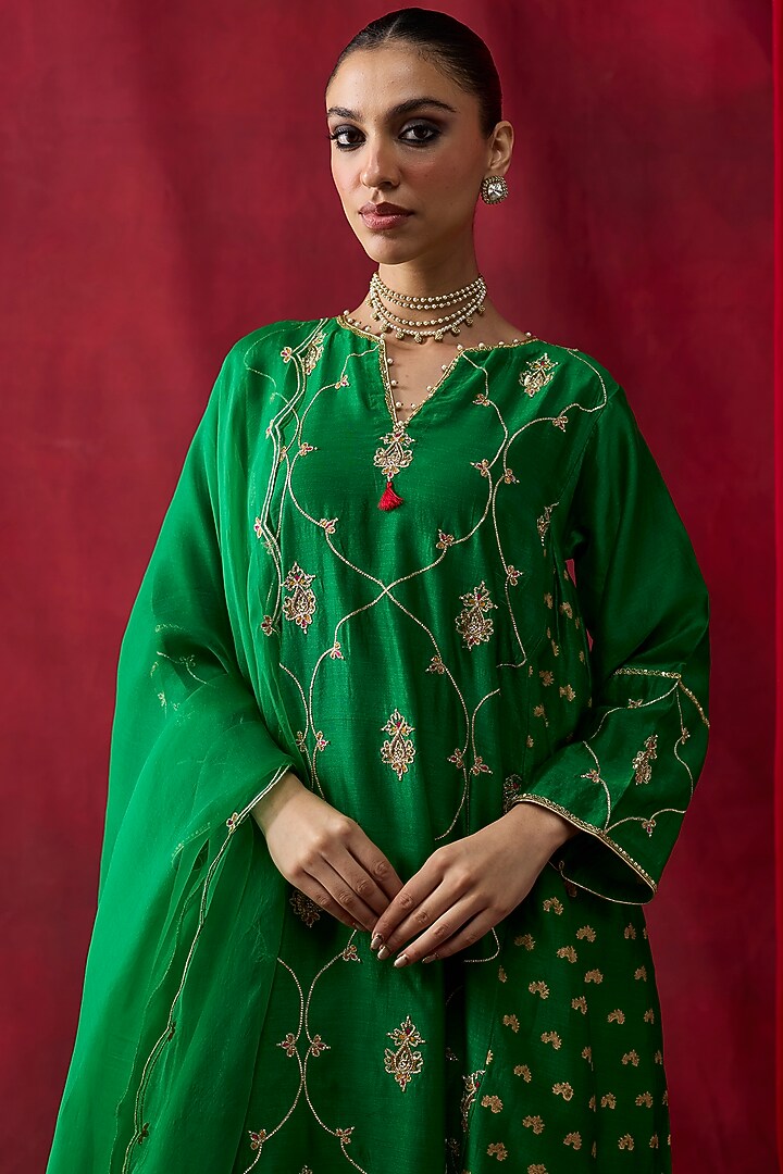 Green Silk Chanderi Printed & Embroidered Gathered Kurta Set by Shikha Mehta at Pernia's Pop Up Shop