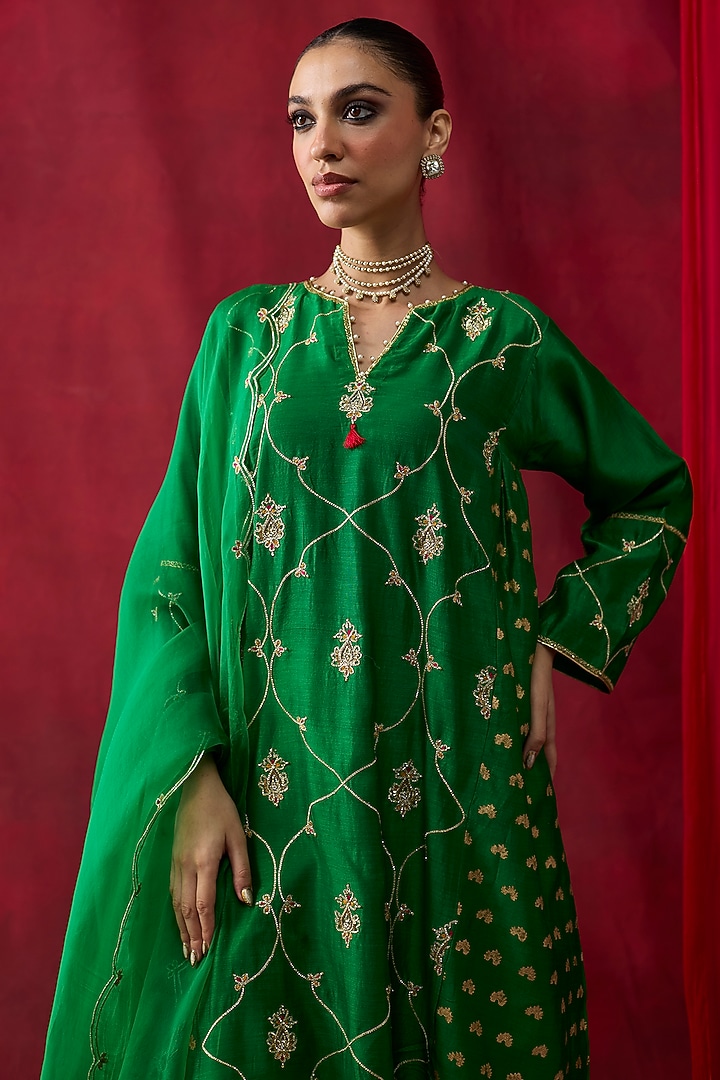 Green Silk Chanderi Printed & Embroidered Gathered Kurta Set by Shikha Mehta at Pernia's Pop Up Shop