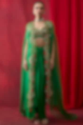 Green Silk Satin Draped Skirt Set by Shikha Mehta at Pernia's Pop Up Shop