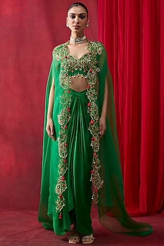 Green Silk Satin Draped Skirt Set by Shikha Mehta