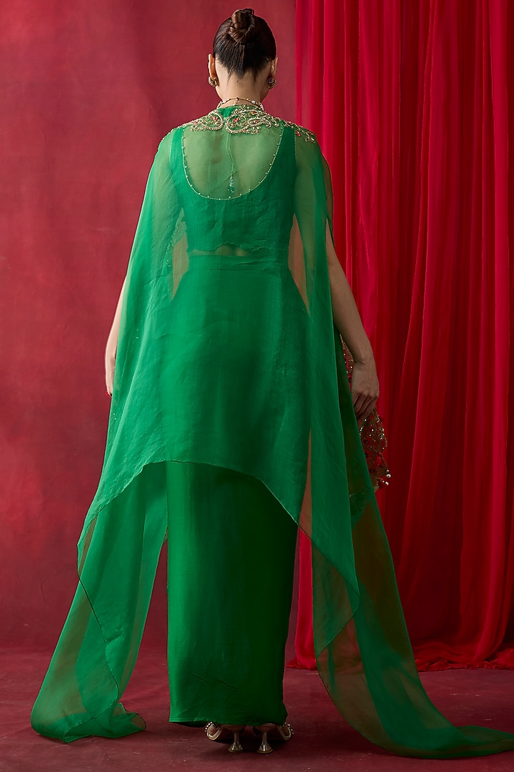 Green Silk Satin Draped Skirt Set by Shikha Mehta at Pernia's Pop Up Shop