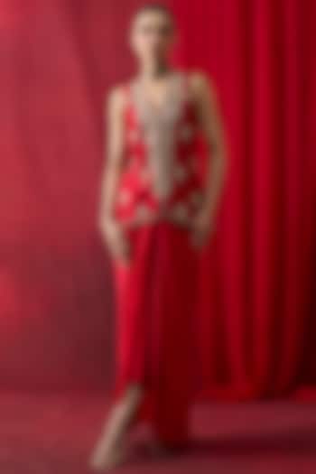 Red Silk Satin Draped Skirt Set by Shikha Mehta at Pernia's Pop Up Shop