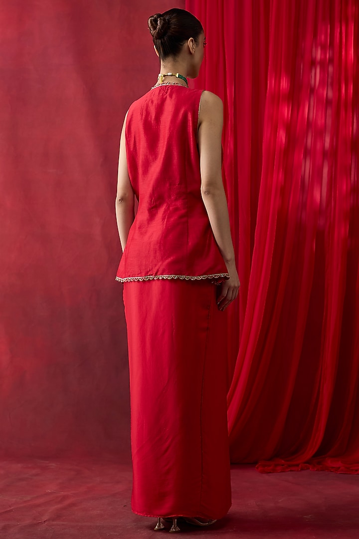 Red Silk Satin Draped Skirt Set by Shikha Mehta at Pernia's Pop Up Shop