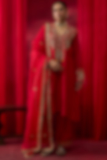 Red Silk Chanderi Thread Hand Embroidered A-Line Kurta Set by Shikha Mehta at Pernia's Pop Up Shop