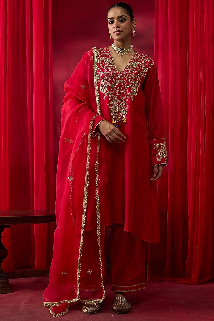 Red Silk Chanderi Thread Hand Embroidered A-Line Kurta Set by Shikha Mehta at Pernia's Pop Up Shop