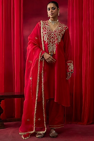 Red Silk Chanderi Thread Hand Embroidered A-Line Kurta Set by Shikha Mehta