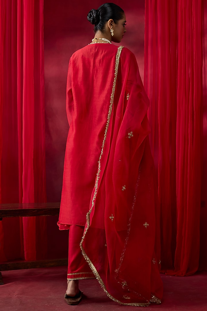 Red Silk Chanderi Thread Hand Embroidered A-Line Kurta Set by Shikha Mehta at Pernia's Pop Up Shop