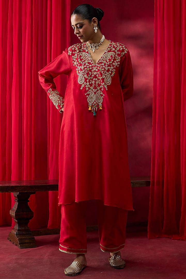 Red Silk Chanderi Thread Hand Embroidered A-Line Kurta Set by Shikha Mehta at Pernia's Pop Up Shop