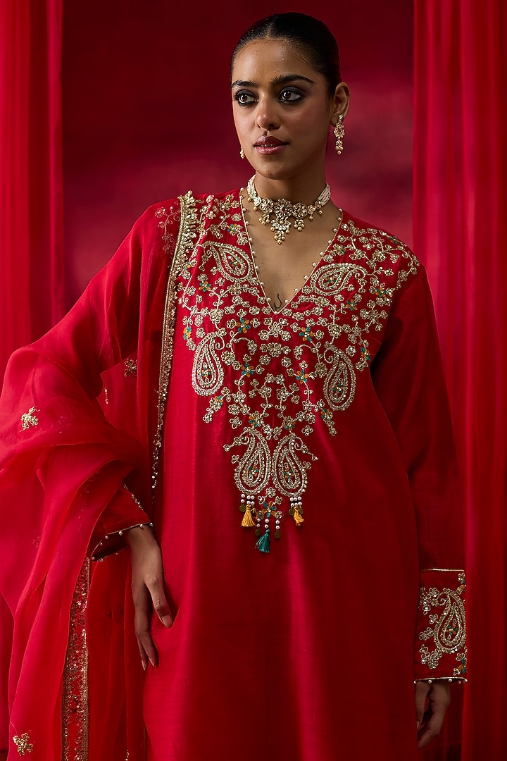 Red Silk Chanderi Thread Hand Embroidered A-Line Kurta Set by Shikha Mehta at Pernia's Pop Up Shop