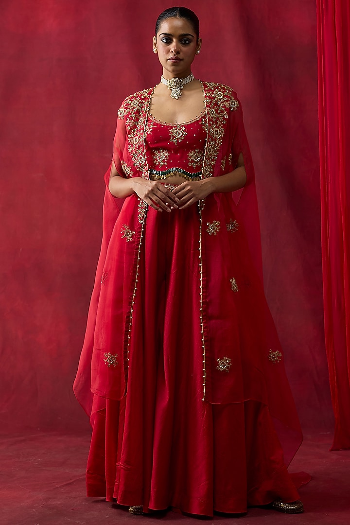 Red Silk Chanderi Wedding Sharara Set by Shikha Mehta at Pernia's Pop Up Shop