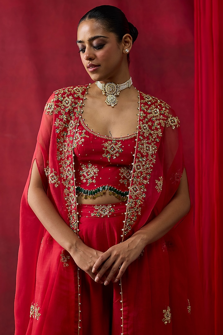 Red Silk Chanderi Wedding Sharara Set by Shikha Mehta at Pernia's Pop Up Shop