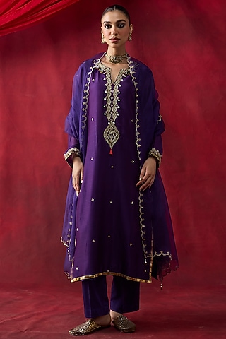 Purple Silk Chanderi Thread Hand Embroidered Kurta Set by Shikha Mehta
