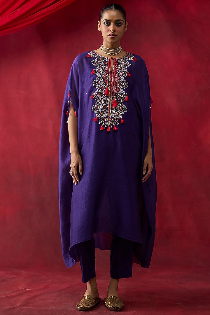 Purple Silk Chanderi Gota Hand Embroidered Kaftan Set by Shikha Mehta at Pernia's Pop Up Shop