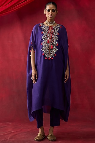 Purple Silk Chanderi Gota Hand Embroidered Kaftan Set by Shikha Mehta