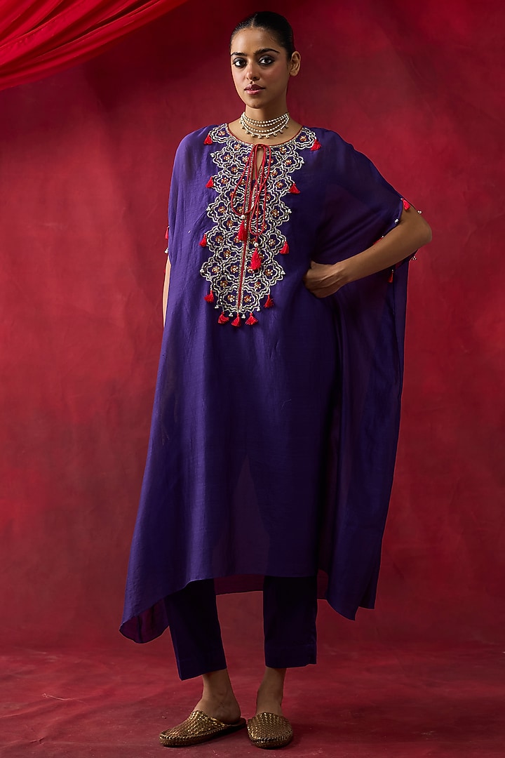 Purple Silk Chanderi Gota Hand Embroidered Kaftan Set by Shikha Mehta at Pernia's Pop Up Shop