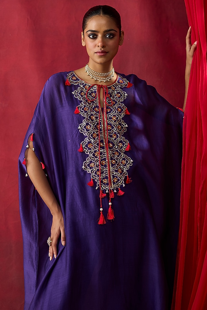 Purple Silk Chanderi Gota Hand Embroidered Kaftan Set by Shikha Mehta at Pernia's Pop Up Shop