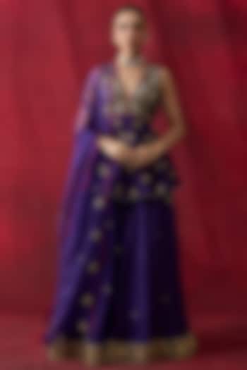 Purple Silk Chanderi Hand Embroidered Wedding Sharara Set by Shikha Mehta at Pernia's Pop Up Shop