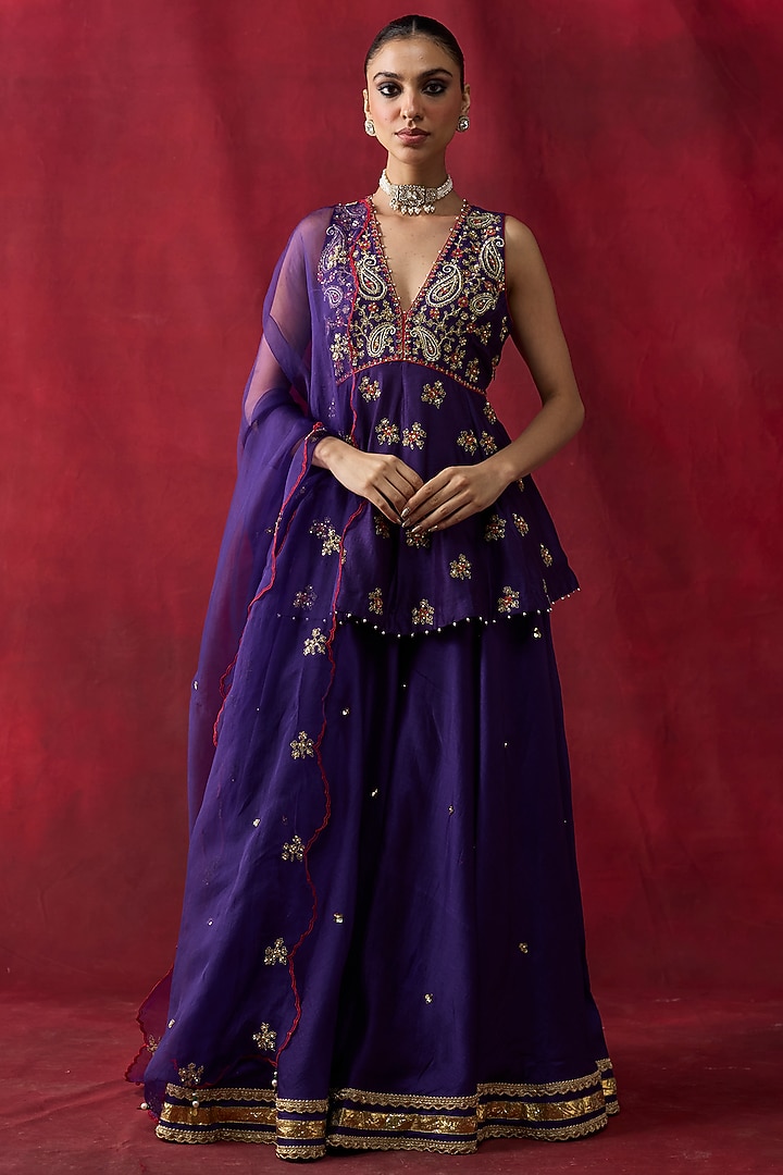 Purple Silk Chanderi Hand Embroidered Wedding Sharara Set by Shikha Mehta at Pernia's Pop Up Shop