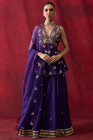 Purple Silk Chanderi Hand Embroidered Sharara Set by Shikha Mehta