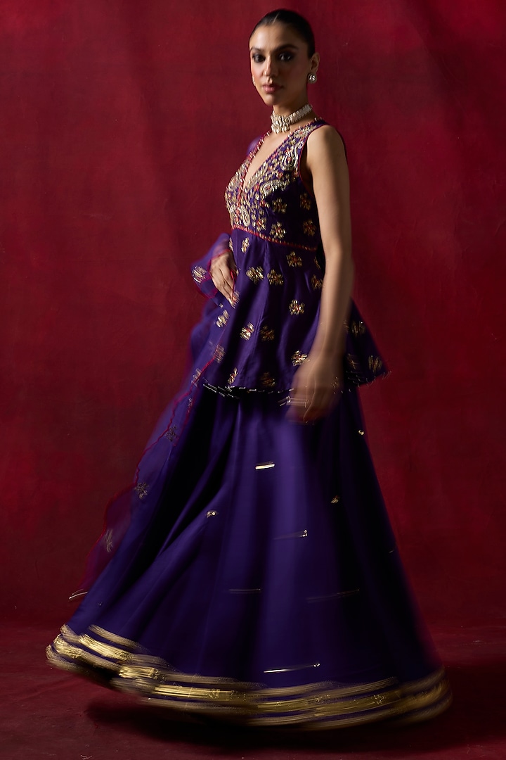 Purple Silk Chanderi Hand Embroidered Wedding Sharara Set by Shikha Mehta at Pernia's Pop Up Shop